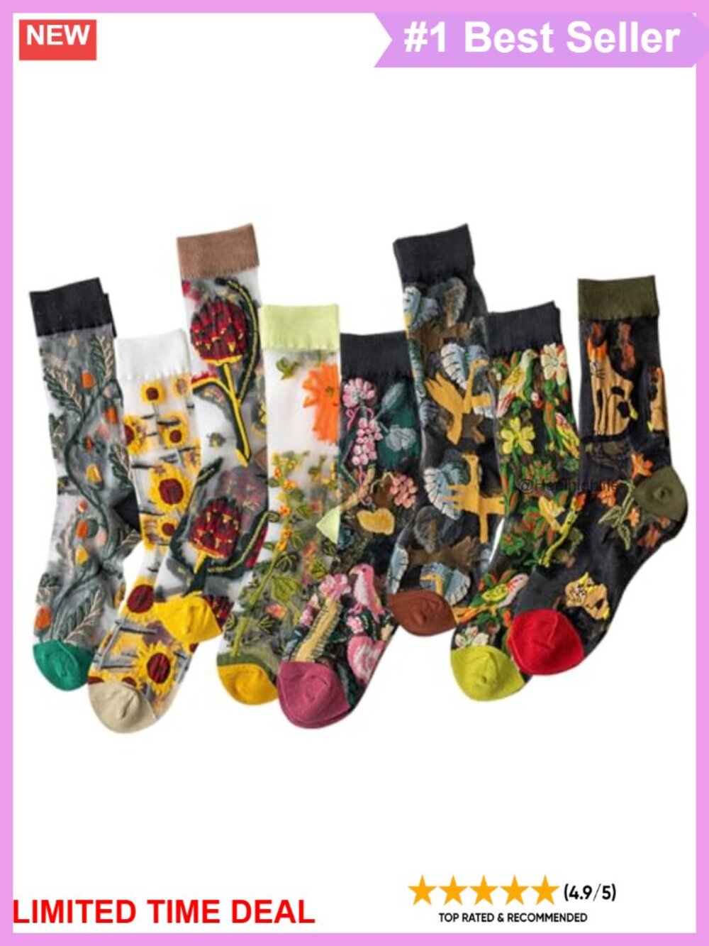 Sheer Floral Embroidered Mesh Crew Socks 8 Pairs Lightweight